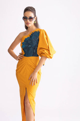 Tulip Mustard One Shoulder Dress by Saaksha & Kinni, available on Indiaspopup.com