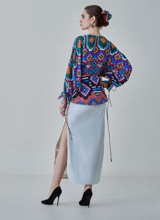 Nina Multicolor Ikat Blouse And White Skirt by Saaksha & Kinni, available on Indiaspopup.com