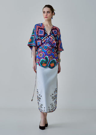 Nina Multicolor Ikat Blouse And White Skirt by Saaksha & Kinni, available on Indiaspopup.com