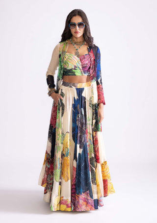 Multicolor Daisy Printed Skirt And Cape Set by Saaksha & Kinni, available on Indiaspopup.com