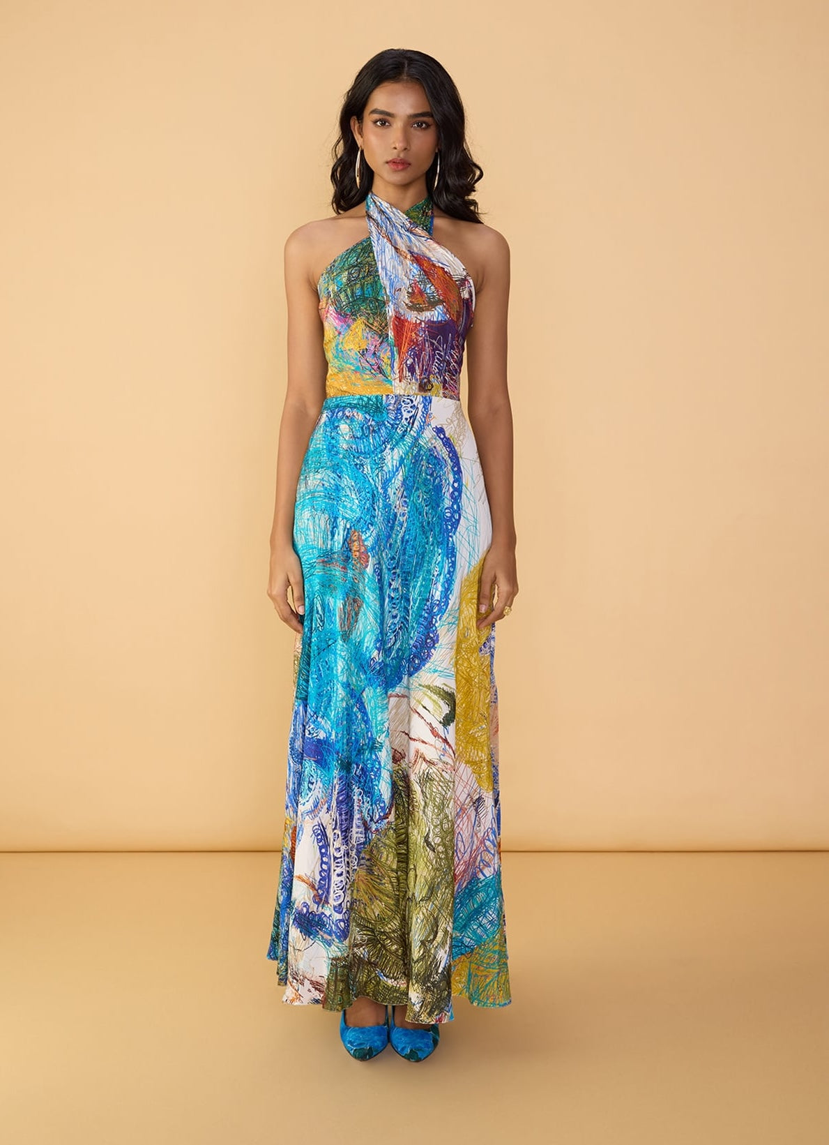 multicolor halter dress Blue Tropical Floral Cotton Maxi Dress - Halter Dresses