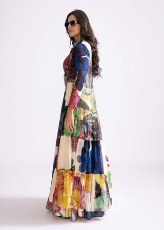 Multicolor Daisy Printed Skirt And Cape Set by Saaksha & Kinni, available on Indiaspopup.com