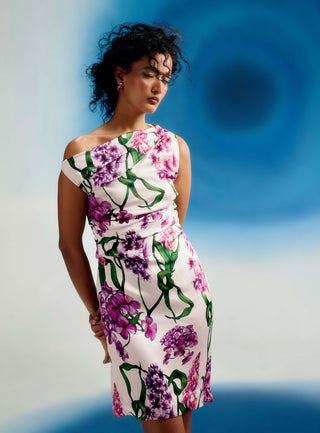 Wild wisteria off-shoulder satin dress