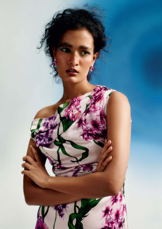 Wild wisteria off-shoulder satin dress