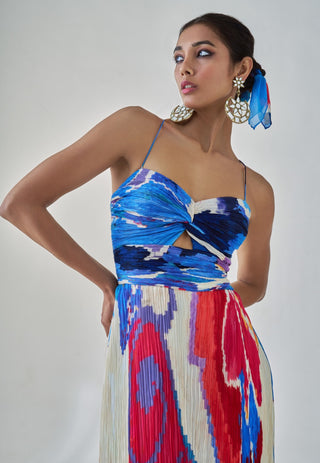 Layla Multicolor Ikat Pleat Dress by Saaksha & Kinni, available on Indiaspopup.com