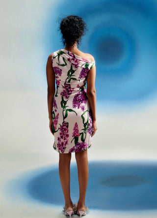 Wild wisteria off-shoulder satin dress