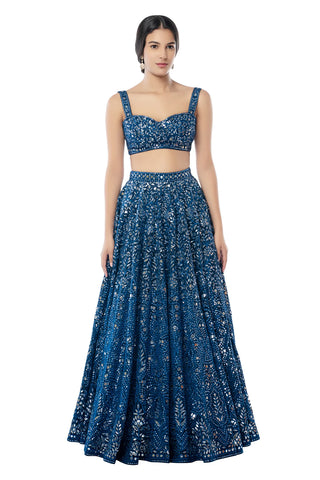 Blue Foil Net Lehenga Set by Tamanna Punjabi Kapoor available on Indiaspopup.com