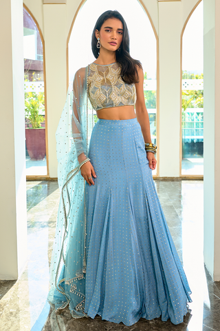 Eva Gray Blue Lehenga Set by Chamee And Palak, available on Indiaspopup.com