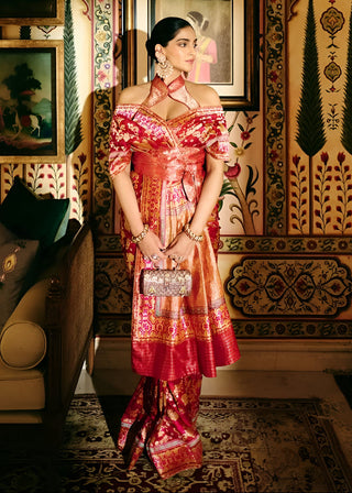 Handwoven ruby red mashroo silk sari