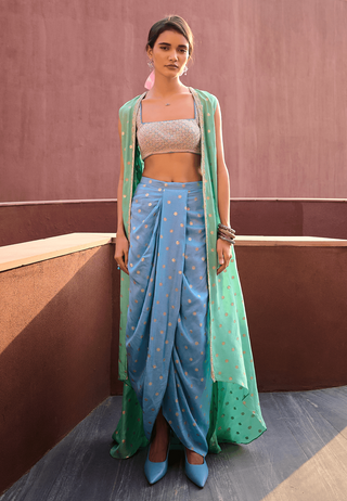 Ryna Blue And Sea Green Dhoti Skirt With Jacket Set by Chamee And Palak, available on Indiaspopup.com