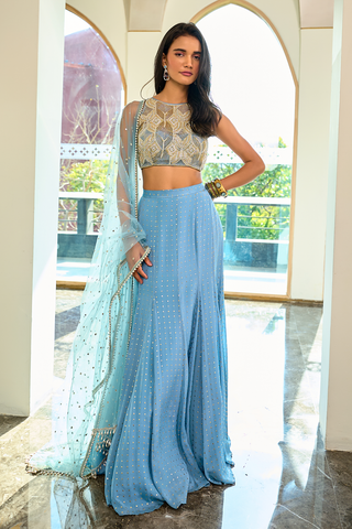 Eva Gray Blue Lehenga Set by Chamee And Palak, available on Indiaspopup.com