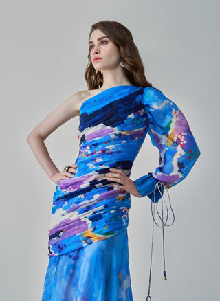 Alison Blue One-Shoulder Asymmetric Dress by Saaksha & Kinni, available on Indiaspopup.com