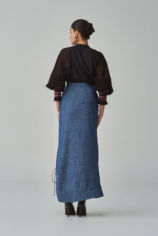 Tara black blouse and denim skirt