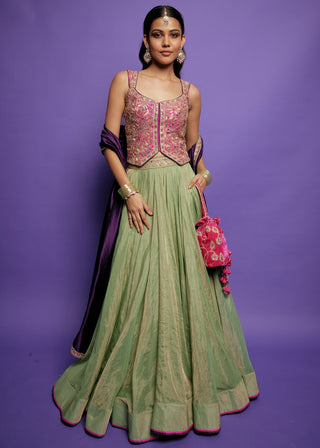 Sage green and purple waistcoat lehenga set