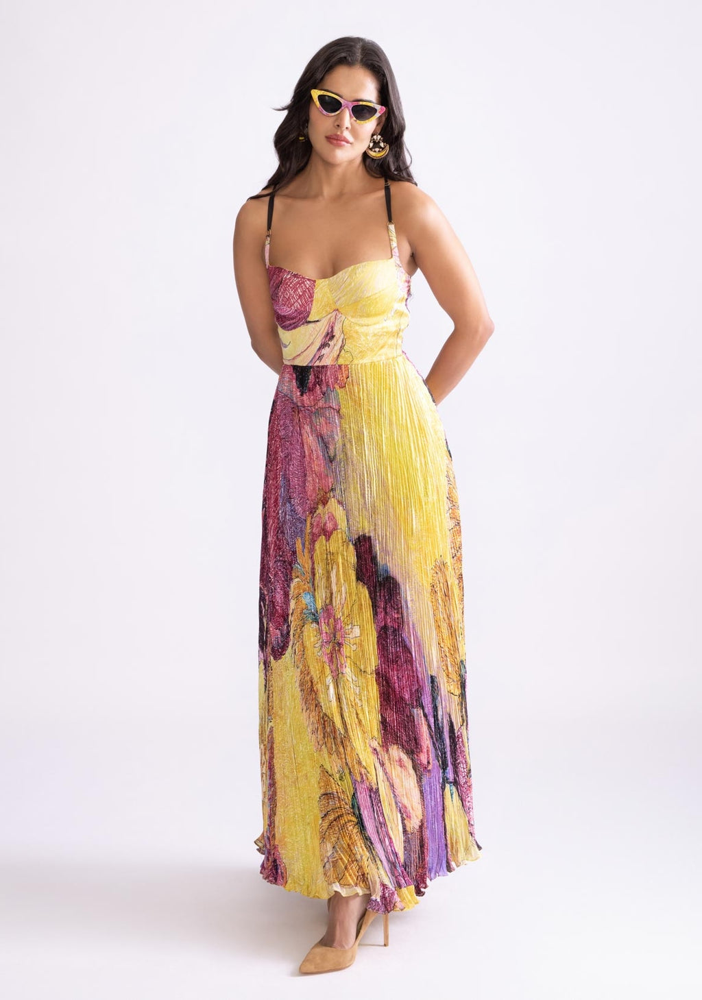 Saaksha & Kinni Nala Yellow Pleat Maxi Dress | Indiaspopup.com