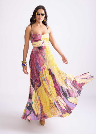 Nala Yellow Pleat Maxi Dress by Saaksha & Kinni, available on Indiaspopup.com