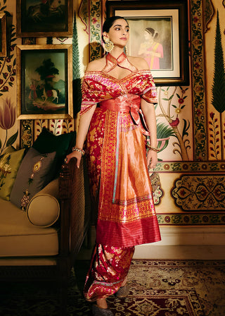 Handwoven ruby red mashroo silk sari