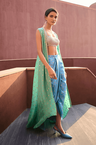 Ryna Blue And Sea Green Dhoti Skirt With Jacket Set by Chamee And Palak, available on Indiaspopup.com