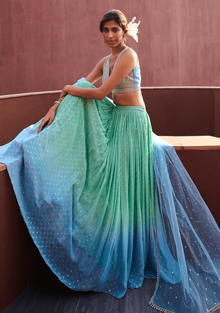 Emma Blue And Sea Green Lehenga Set by Chamee And Palak, available on Indiaspopup.com