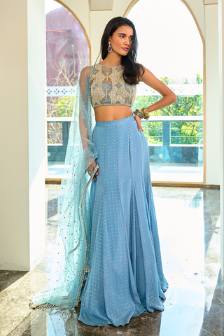 Eva Gray Blue Lehenga Set by Chamee And Palak, available on Indiaspopup.com