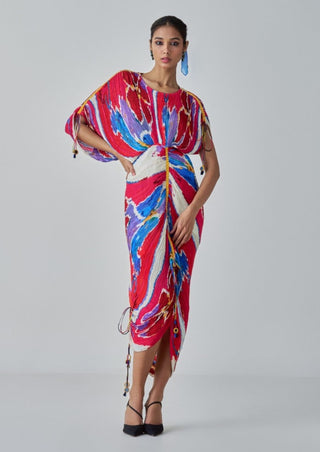 Zia Pink Red Ikat Pleat Kaftan Dress by Saaksha & Kinni, available on Indiaspopup.com