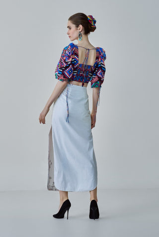 Alice Ikat Printed Blouse And White Skirt by Saaksha & Kinni, available on Indiaspopup.com