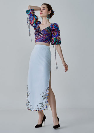 Alice Ikat Printed Blouse And White Skirt by Saaksha & Kinni, available on Indiaspopup.com