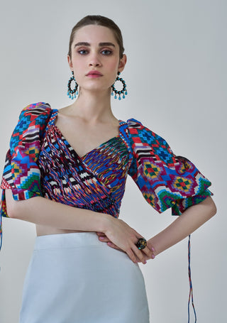 Alice Ikat Printed Blouse And White Skirt by Saaksha & Kinni, available on Indiaspopup.com