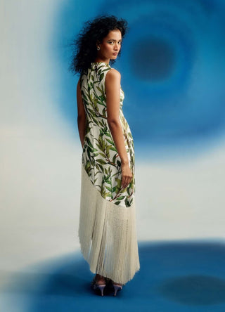 Woodland asymmetric satin fringe dress