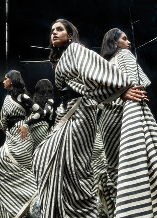 Black and vanilla candy cane sari with unstitched blouse piece