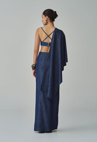 Lara Denim Bralette And Sari by Saaksha & Kinni, available on Indiaspopup.com