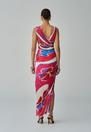 Anya pink red ikat overlap pleat dress