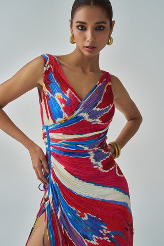 Anya Pink Red Ikat Overlap Pleat Dress by Saaksha & Kinni, available on Indiaspopup.com