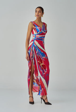 Anya pink red ikat overlap pleat dress