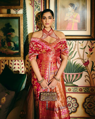 Handwoven ruby red mashroo silk sari