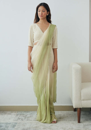 Lavanya Ahuja-Ivory Green Ombre Pre-Draped Sari And Blouse-INDIASPOPUP.COM