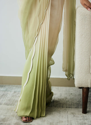 Lavanya Ahuja-Ivory Green Ombre Pre-Draped Sari And Blouse-INDIASPOPUP.COM