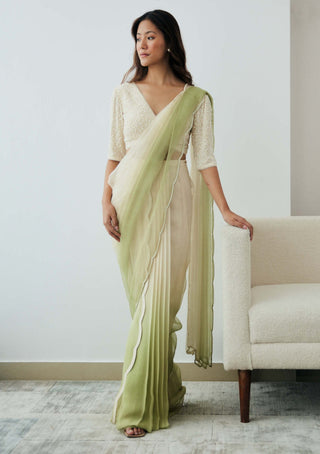 Lavanya Ahuja-Ivory Green Ombre Pre-Draped Sari And Blouse-INDIASPOPUP.COM
