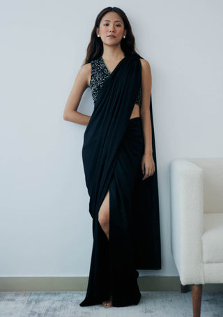 Lavanya Ahuja-Midnight Black Knot Drape Sari And Blouse-INDIASPOPUP.COM