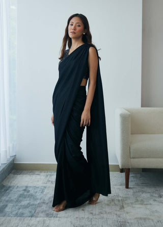 Lavanya Ahuja-Midnight Black Knot Drape Sari And Blouse-INDIASPOPUP.COM