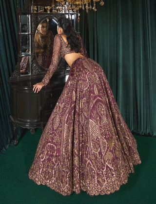 Mahruq Wine Gold Zari Lehenga Set by Roqa available on Indiaspopup.com