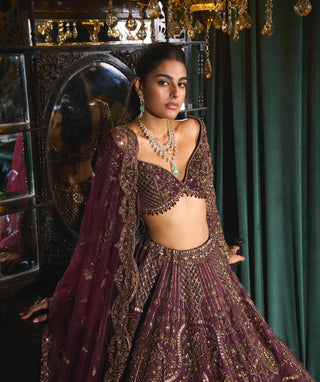 Mahruq Wine Gold Zari Lehenga Set by Roqa available on Indiaspopup.com