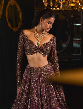 Mahruq Wine Gold Zari Lehenga Set by Roqa available on Indiaspopup.com