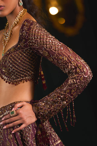 Mahruq Wine Gold Zari Lehenga Set by Roqa available on Indiaspopup.com