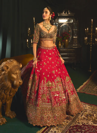 Ahmar Red Lehenga Set by Roqa available on Indiaspopup.com