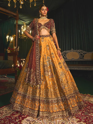 Nafidah Mustard Lehenga Set by Roqa available on Indiaspopup.com