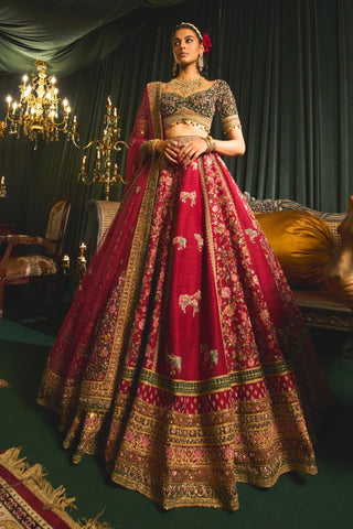 Faragh Red Gold Lehenga Set by Roqa available on Indiaspopup.com