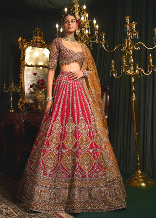 Aziza red raw silk lehenga set