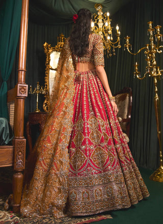 Aziza red raw silk lehenga set