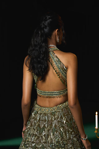 Rubaab Olive Green Lehenga Set by Roqa available on Indiaspopup.com